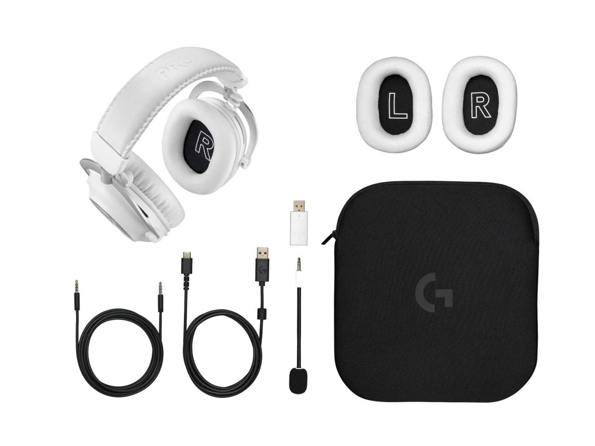 Logitech Pro X 2 Lightspeed - Los auriculares vienen acompañados con almohadillas, cables y bolsa de viaje.