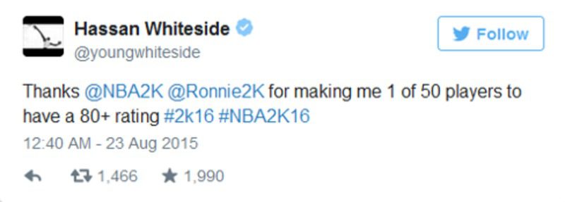 Hassan Whiteside, jugador de los Miami Heat, por fin está contento con su rating en 'NBA 2K16'