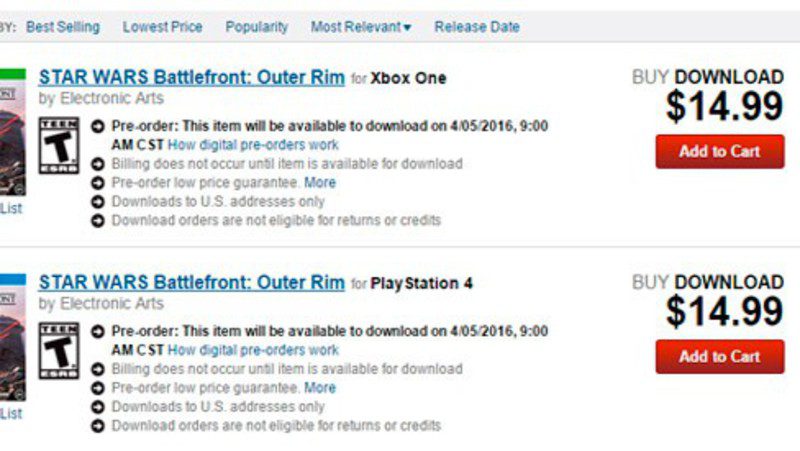 GameStop pone fecha y precio a 'Outer Rim' la primera expansión para 'Star Wars Battlefront'