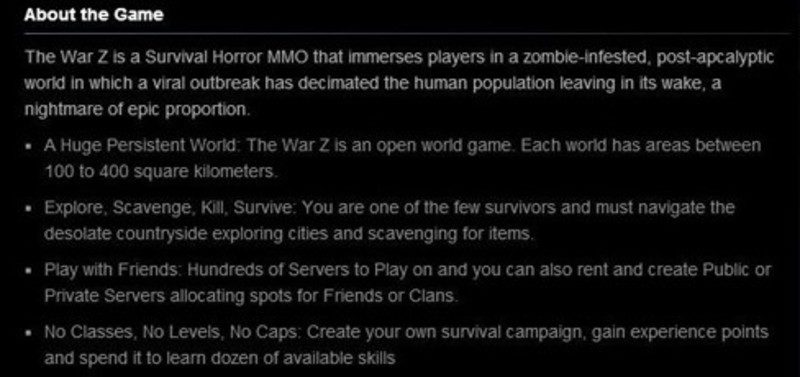 Descripción de 'The War Z' en Steam
