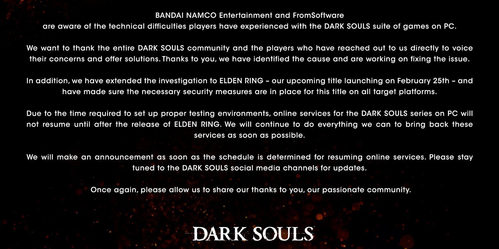 Los servidores de 'Dark Souls' de PC se mantendrán cerrados temporalmente con la salida de 'Elden Ring'